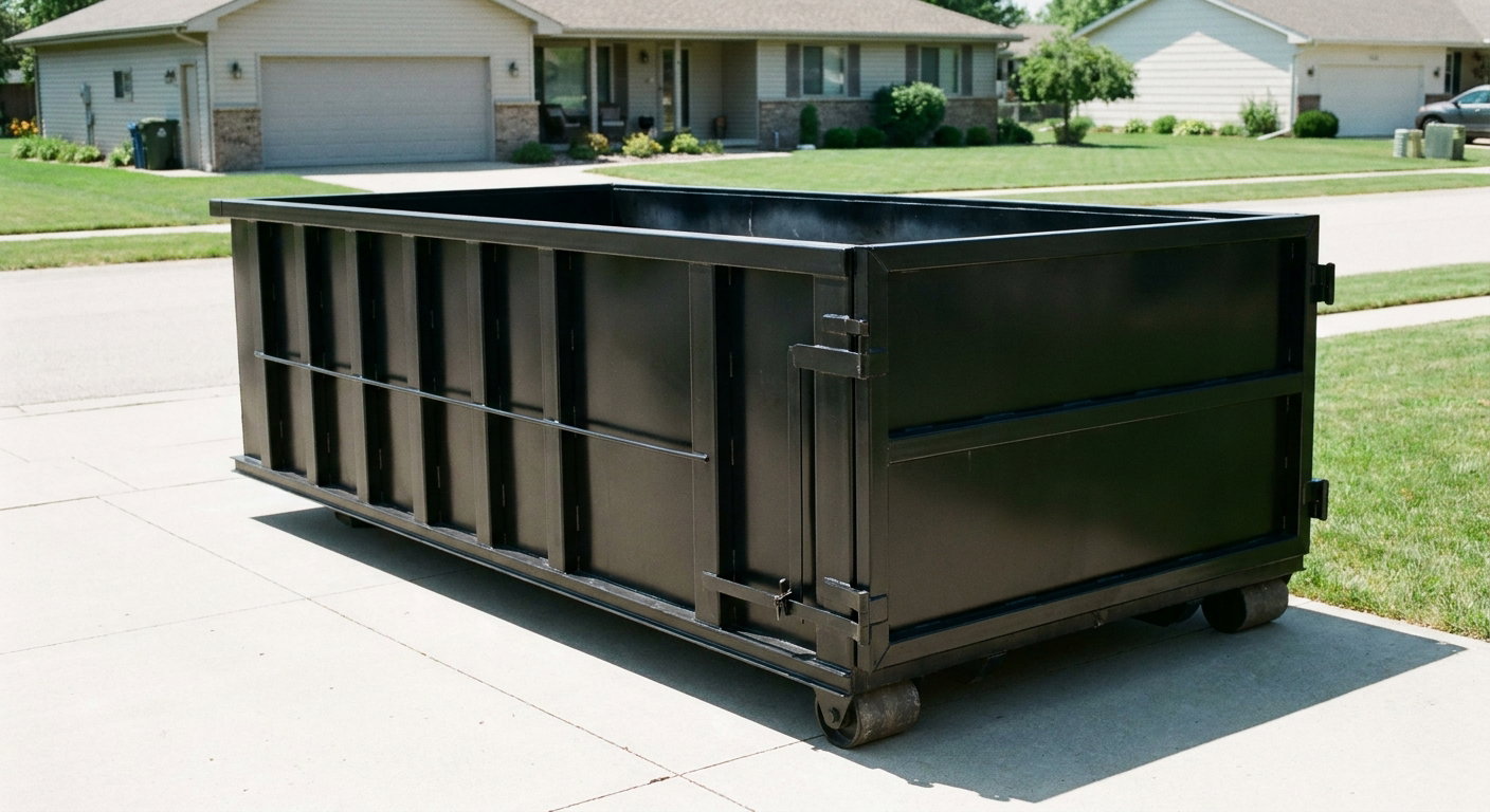 Matte-black 10-yard roll-off dumpster on a residential concrete driveway in Sarasota, uniformly painted matte black across every panel and rail, ribbed steel sidewalls and rear swing door visible, mid-day daylight.