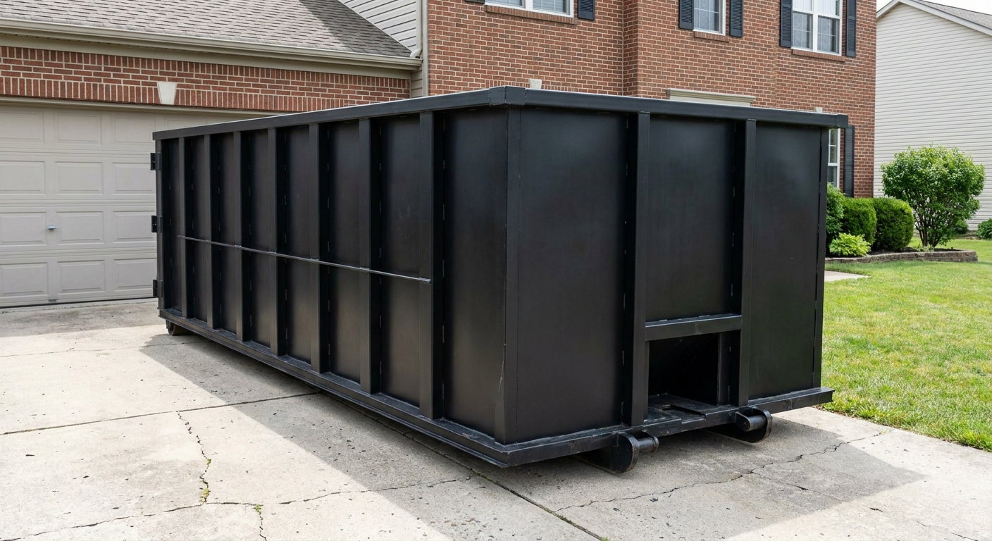 Matte-black 20-yard roll-off container on a Sarasota residential concrete driveway with reinforced ribbed steel sidewalls and a hinged rear walk-in door, clean bright daylight.