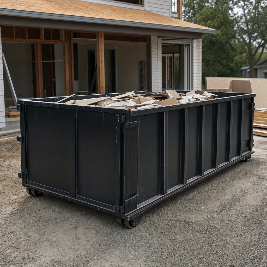 Large matte-black 30-yard construction roll-off dumpster at an active Sarasota jobsite, steel-gray top rails and bottom rollers visible, loaded with construction debris.