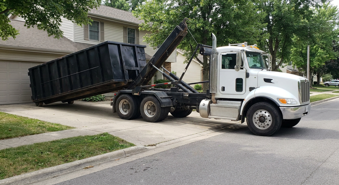 White-cab hooklift roll-off truck actively lowering a matte-black dumpster onto a Sarasota residential concrete driveway, the dumpster's rear wheels touching the driveway as the hoist arm tilts the bed forward, mid-morning daylight.