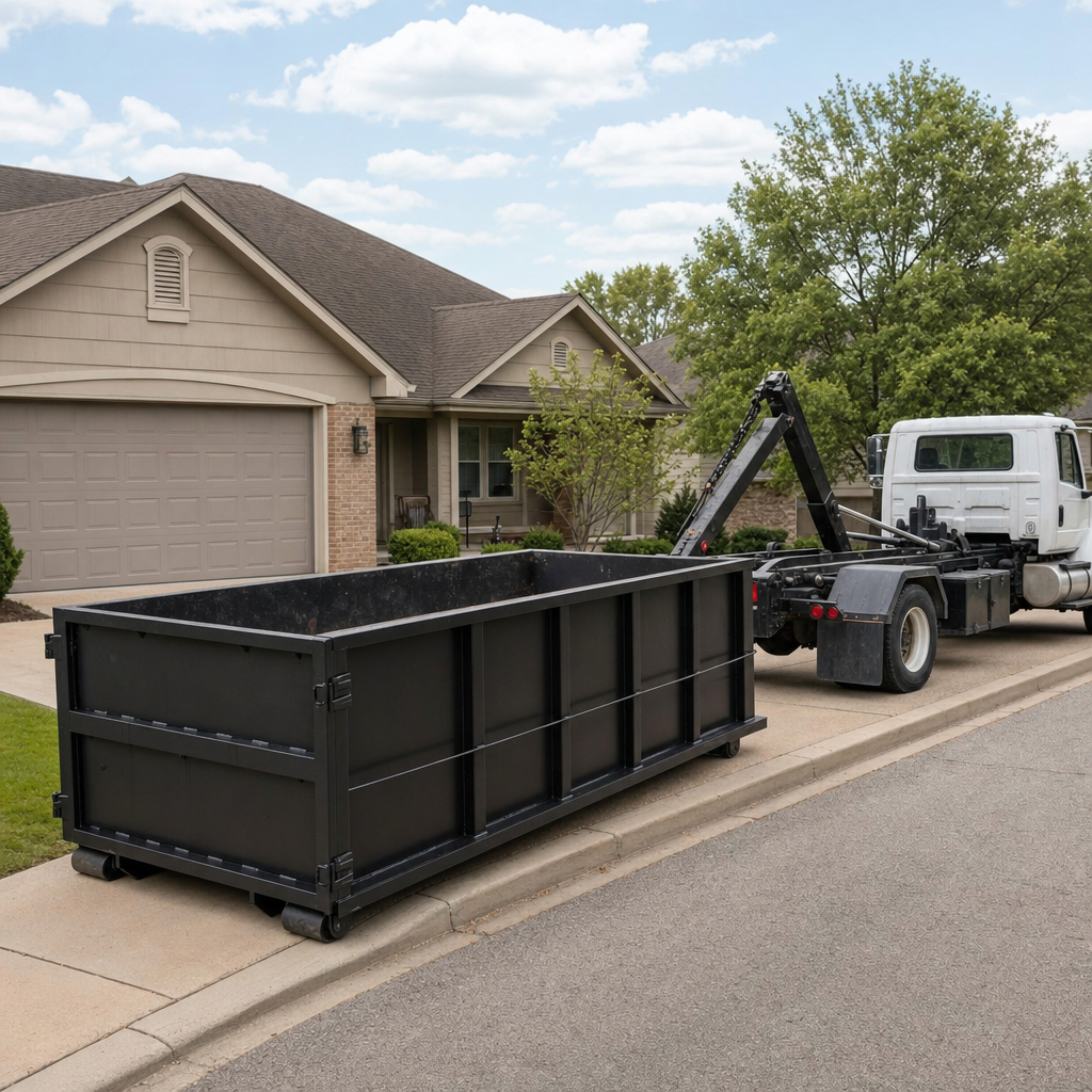 Wide documentary shot of a matte-black roll-off dumpster on a Sarasota residential driveway in the foreground and a contractor jobsite container in the soft-focus background, bright daylight, calm and orderly composition.